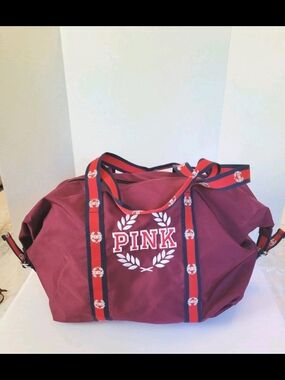 PINK Victoria's Secret Burgundy Canvas Weekender Bag with Logo